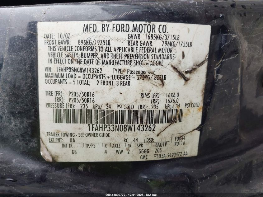 2008 Ford Focus Se/Ses VIN: 1FAHP33N08W143262 Lot: 43800772