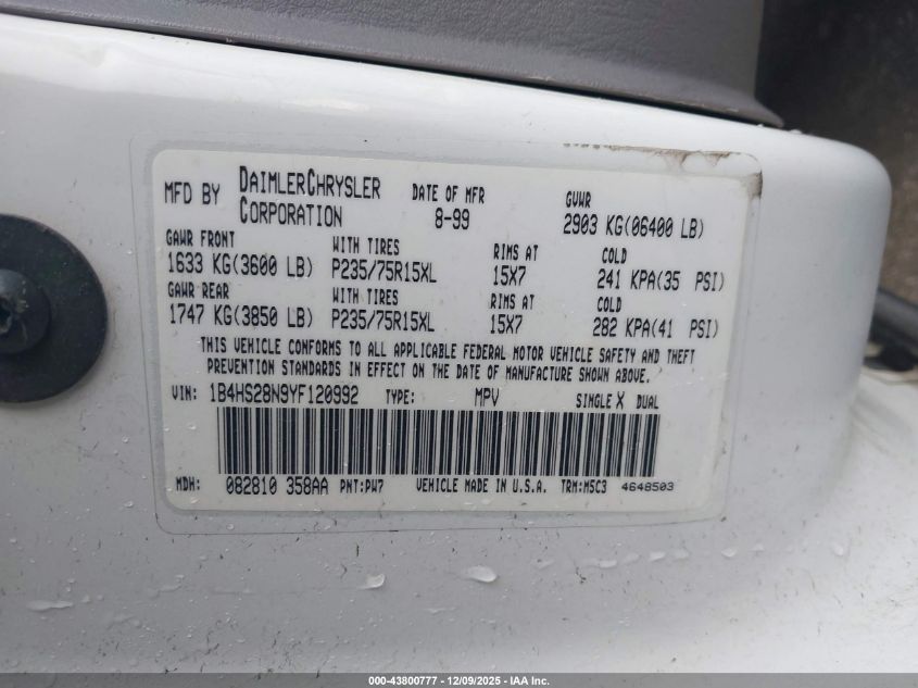 2000 Dodge Durango VIN: 1B4HS28N9YF120992 Lot: 43800777