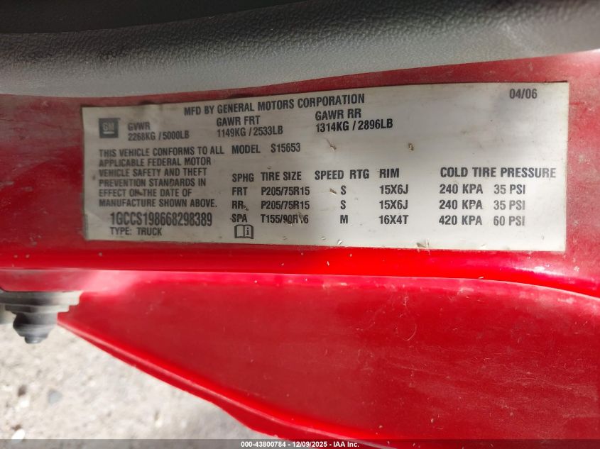2006 Chevrolet Colorado Ls VIN: 1GCCS198668298389 Lot: 43800784