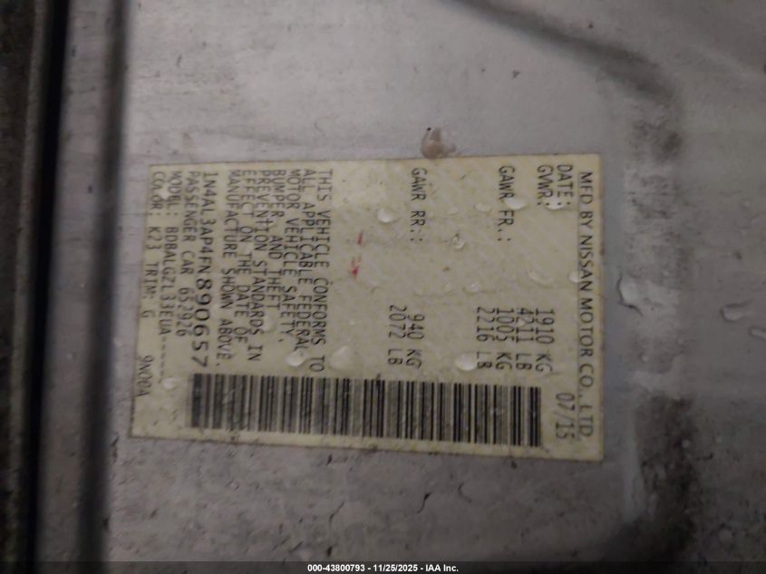 2015 Nissan Altima 2.5/2.5 S/2.5 Sl/2.5 Sv VIN: 1N4AL3AP4FN890657 Lot: 43800793