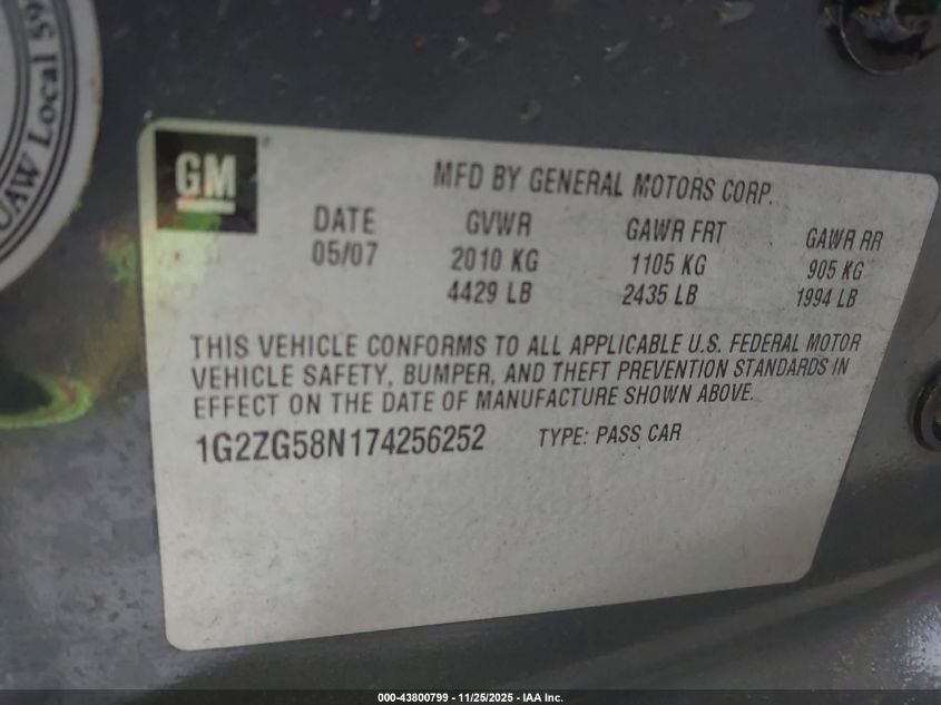 2007 Pontiac G6 VIN: 1G2ZG58N174256252 Lot: 43800799