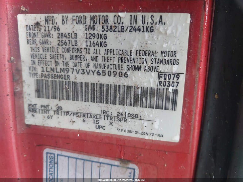 1997 Lincoln Continental VIN: 1LNLM97V3VY650906 Lot: 43800808