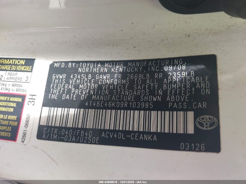 2009 Toyota Camry Le VIN: 4T4BE46K09R103985 Lot: 43800818