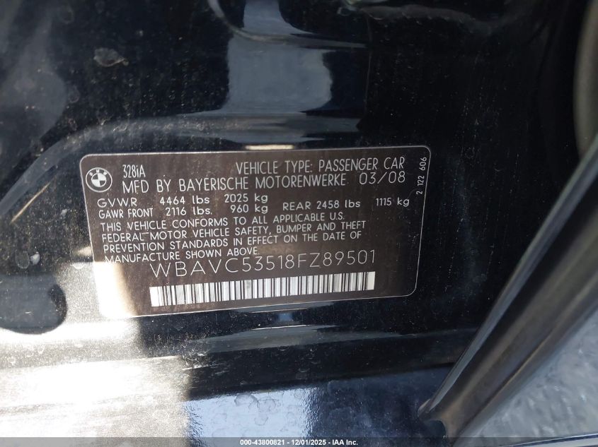2008 BMW 328I VIN: WBAVC53518FZ89501 Lot: 43800821