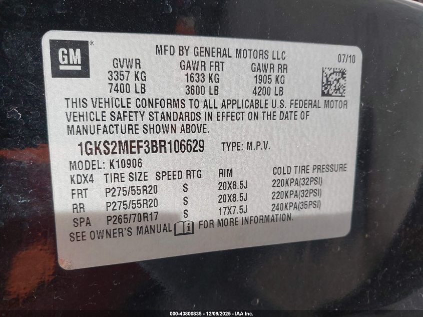 2011 GMC Yukon Xl 1500 Denali VIN: 1GKS2MEF3BR106629 Lot: 43800835