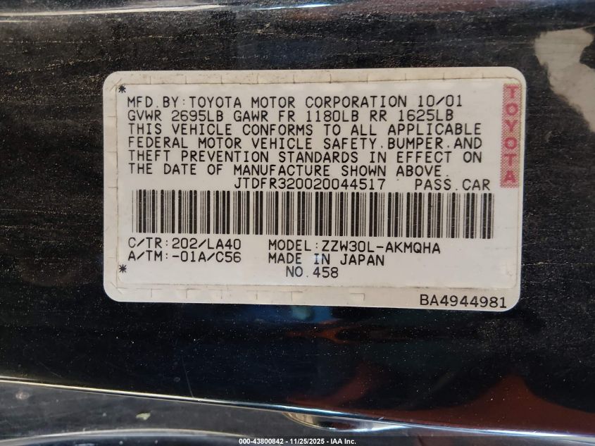 2002 Toyota Mr2 Spyder VIN: JTDFR320020044517 Lot: 43800842