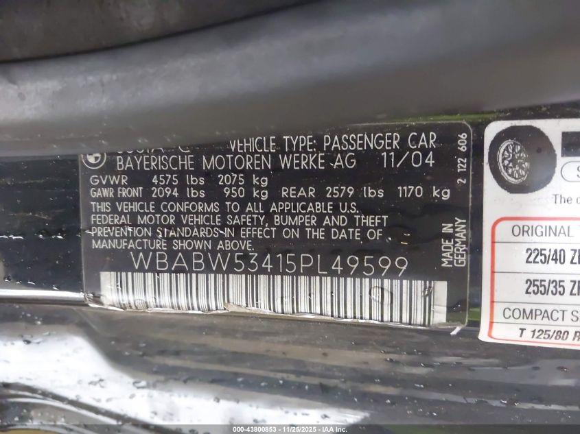 2005 BMW 330Ci VIN: WBABW53415PL49599 Lot: 43800853
