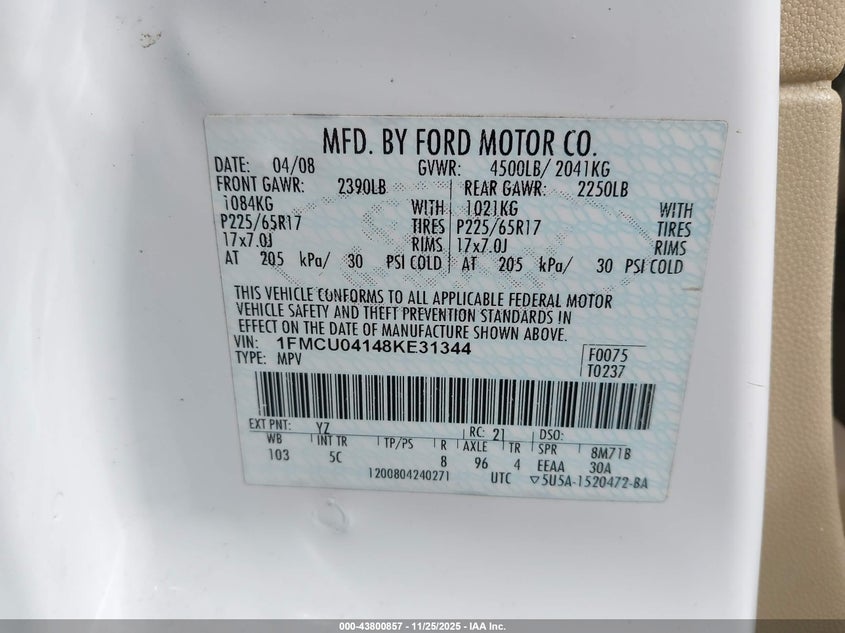 1FMCU04148KE31344 2008 FORD ESCAPE photo no. 9