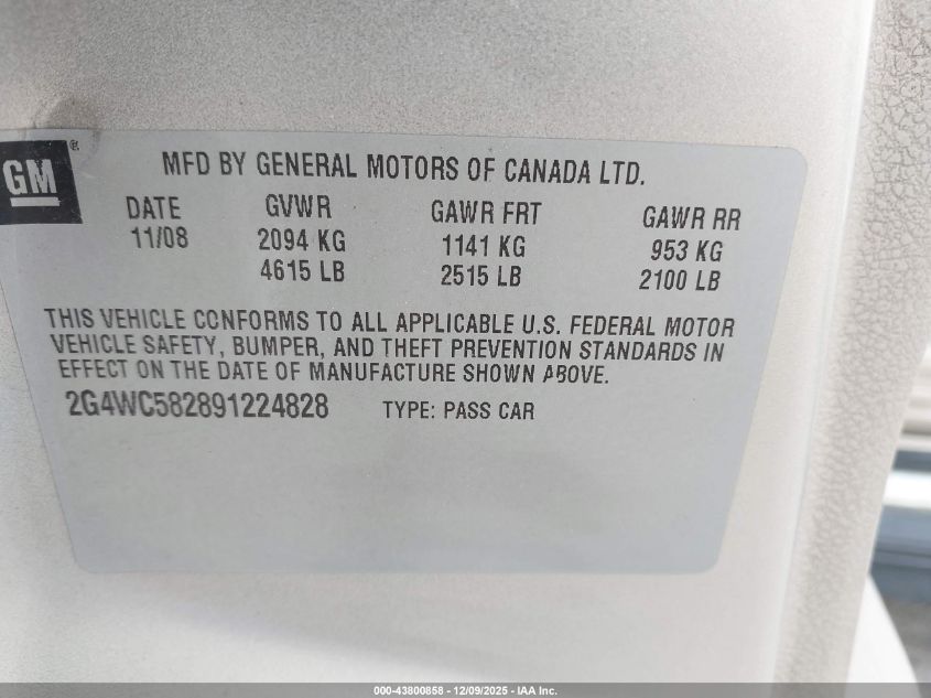 2009 Buick Lacrosse Cx VIN: 2G4WC582891224828 Lot: 43800858
