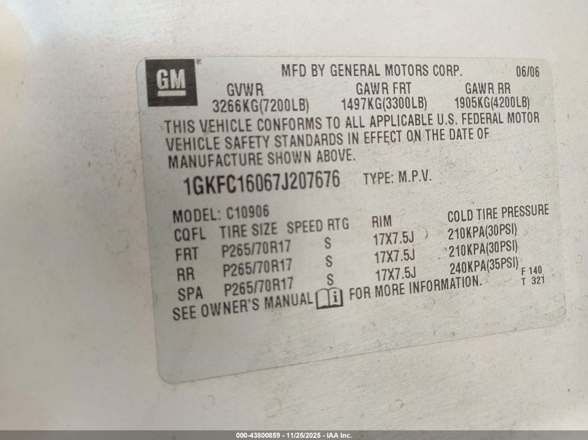 2007 GMC Yukon Xl 1500 Sle VIN: 1GKFC16067J207676 Lot: 43800859