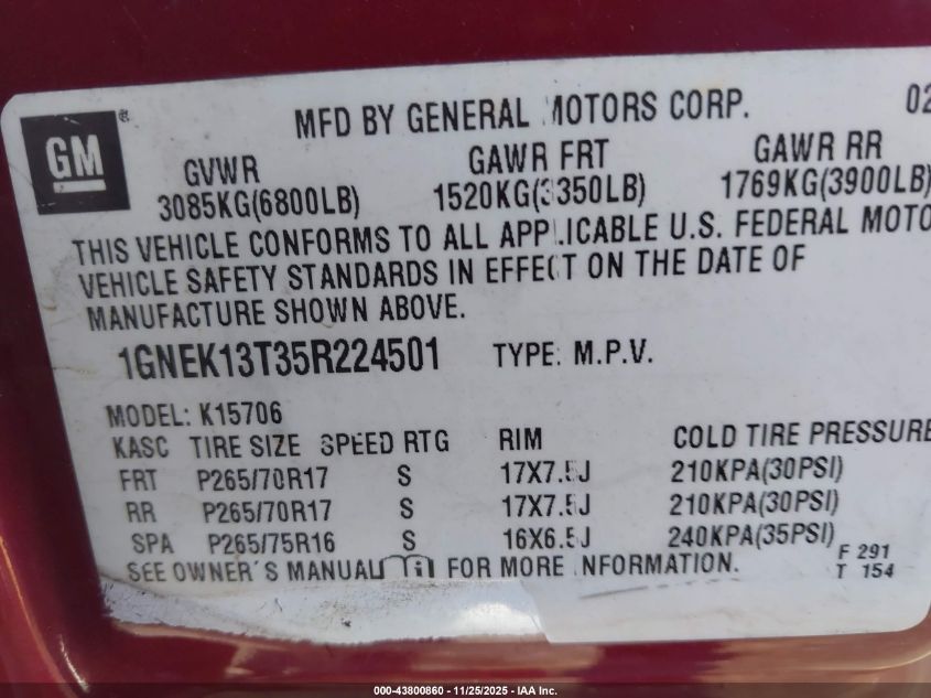 2005 Chevrolet Tahoe Z71 VIN: 1GNEK13T35R224501 Lot: 43800860