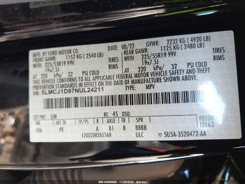2022 Lincoln Corsair Standard VIN: 5LMCJ1D97NUL24211 Lot: 43800869
