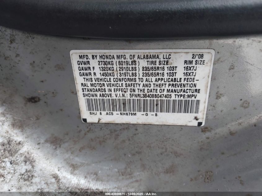 2008 Honda Odyssey Ex VIN: 5FNRL38408B047405 Lot: 43800871