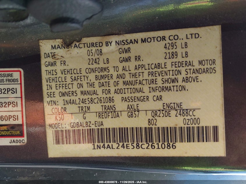 2008 Nissan Altima 2.5 S VIN: 1N4AL24E58C261086 Lot: 43800878