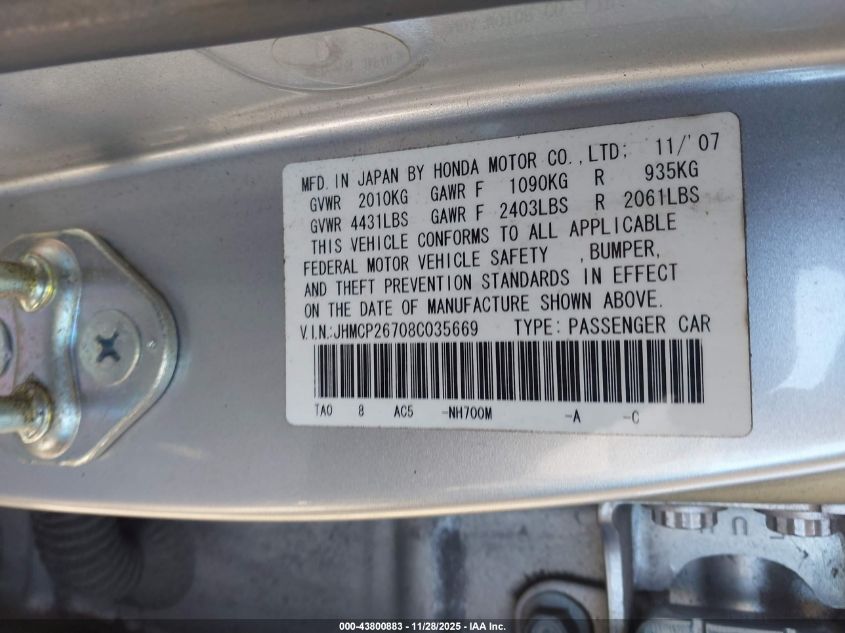 2008 Honda Accord 2.4 Ex VIN: JHMCP26708C035669 Lot: 43800883
