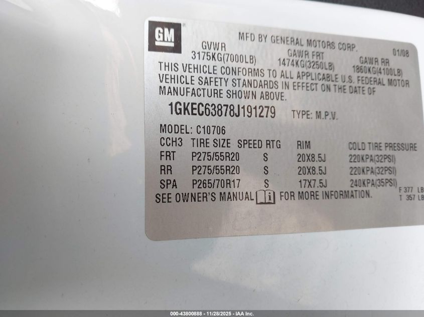 2008 GMC Yukon Denali VIN: 1GKEC63878J191279 Lot: 43800888