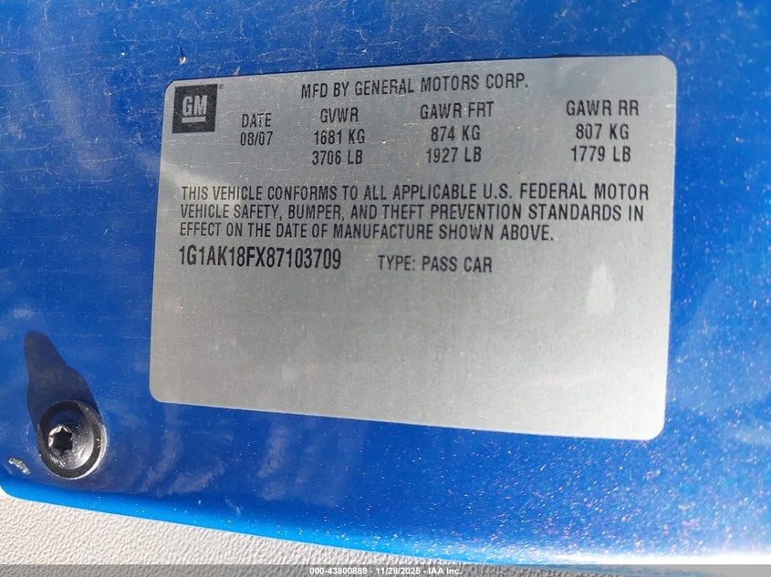 2008 Chevrolet Cobalt Ls VIN: 1G1AK18FX87103709 Lot: 43800889