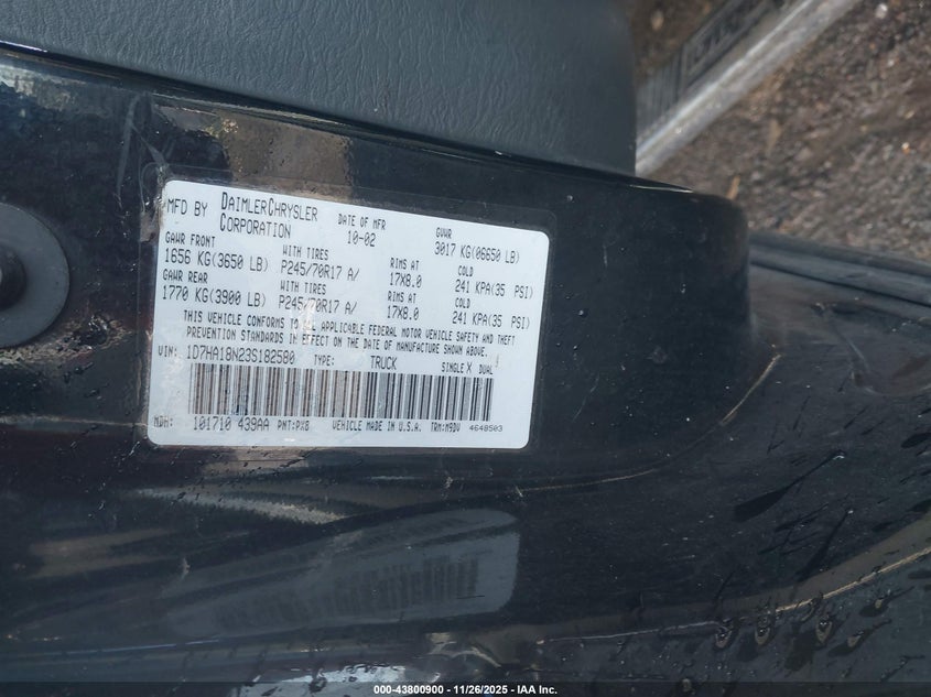 2003 Dodge Ram 1500 Slt/Laramie/St VIN: 1D7HA18N23S182580 Lot: 43800900