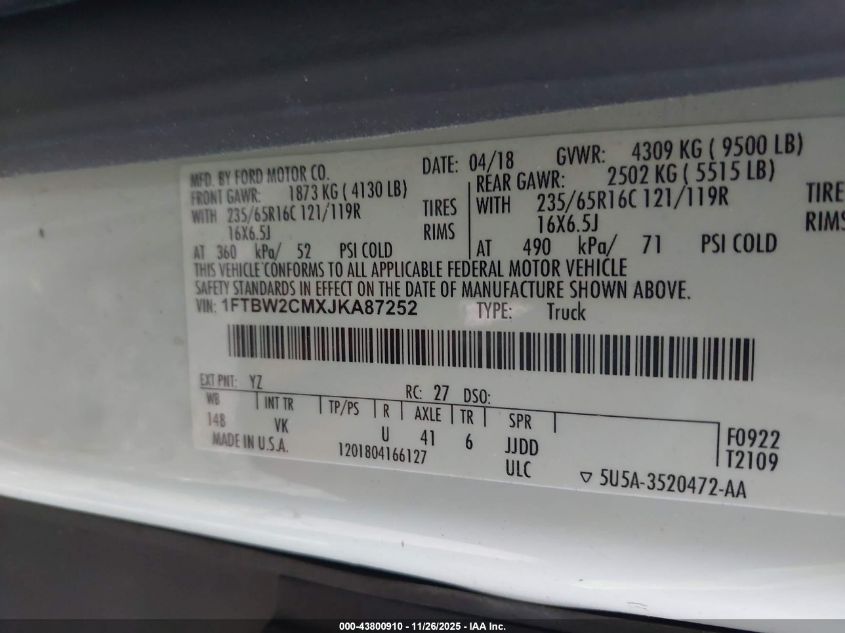 2018 Ford Transit-350 VIN: 1FTBW2CMXJKA87252 Lot: 43800910