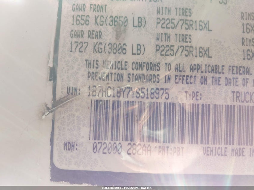 2000 Dodge Ram 1500 St VIN: 1B7HC16Y7YS518975 Lot: 43800911