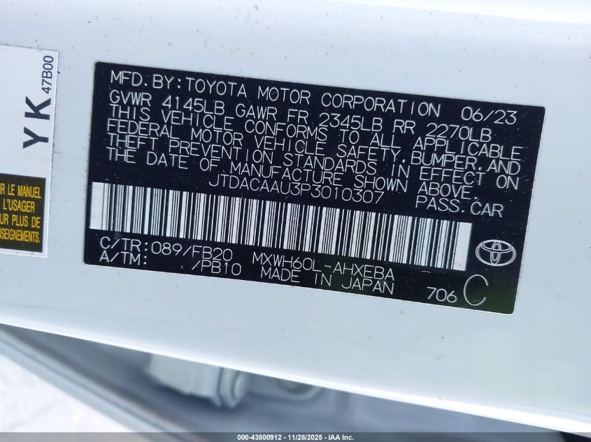 2023 Toyota Prius Le VIN: JTDACAAU3P3010307 Lot: 43800912