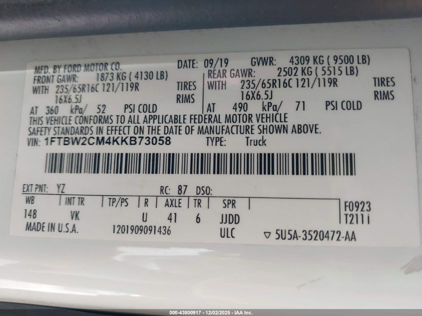 2019 Ford Transit-350 VIN: 1FTBW2CM4KKB73058 Lot: 43800917