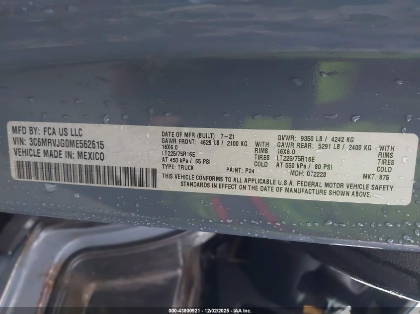 2021 Ram Promaster 3500 Cargo Van High Roof 159 Wb Ext VIN: 3C6MRVJG0ME562615 Lot: 43800921