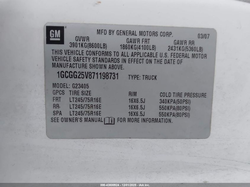 2007 Chevrolet Express Work Van VIN: 1GCGG25V871198731 Lot: 43800924