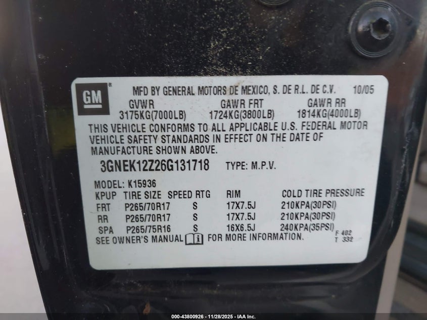 2006 Chevrolet Avalanche 1500 Z71 VIN: 3GNEK12Z26G131718 Lot: 43800926
