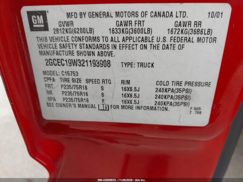 2002 Chevrolet Silverado 1500 Ls VIN: 2GCEC19W321193908 Lot: 43800933