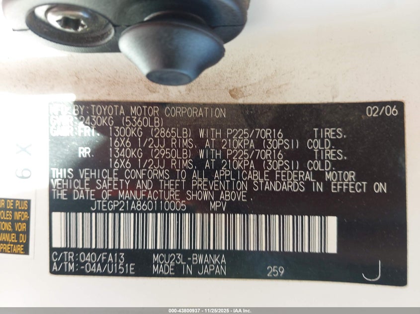 2006 Toyota Highlander V6 VIN: JTEGP21A860110005 Lot: 43800937