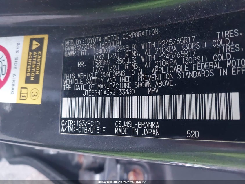 2009 Toyota Highlander VIN: JTEES41A392133430 Lot: 43800940