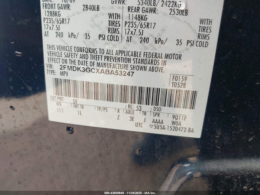 2010 Ford Edge Se VIN: 2FMDK3GCXABA53247 Lot: 43800949