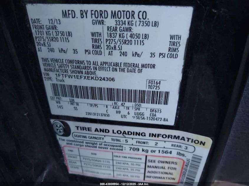 2014 Ford F-150 Stx VIN: 1FTFW1EFXEKD24306 Lot: 43800954