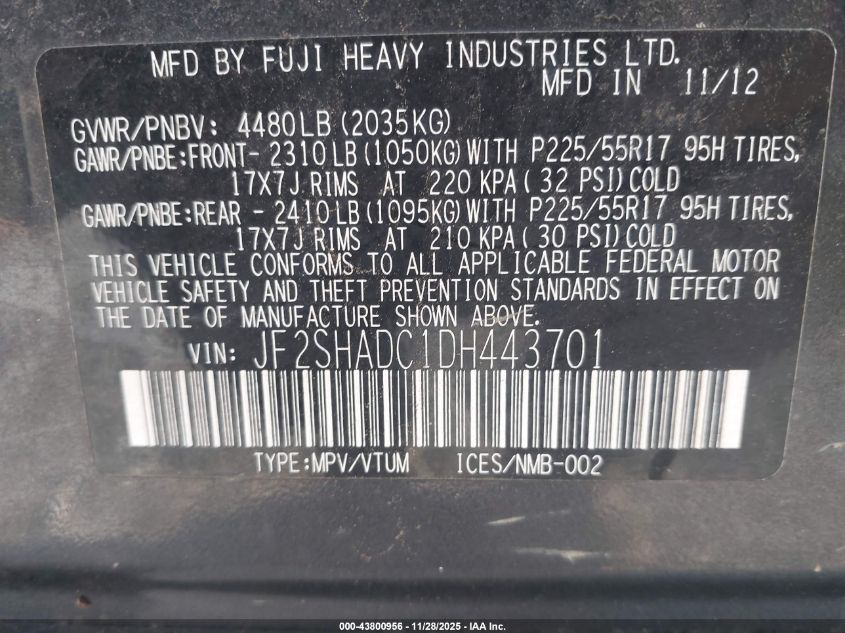 2013 Subaru Forester 2.5X Premium VIN: JF2SHADC1DH443701 Lot: 43800956