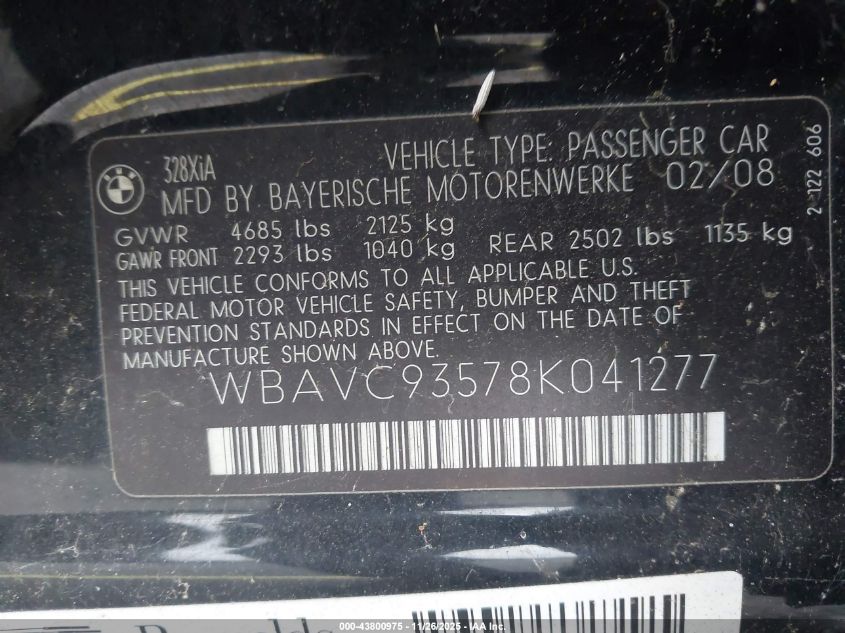2008 BMW 328Xi VIN: WBAVC93578K041277 Lot: 43800975