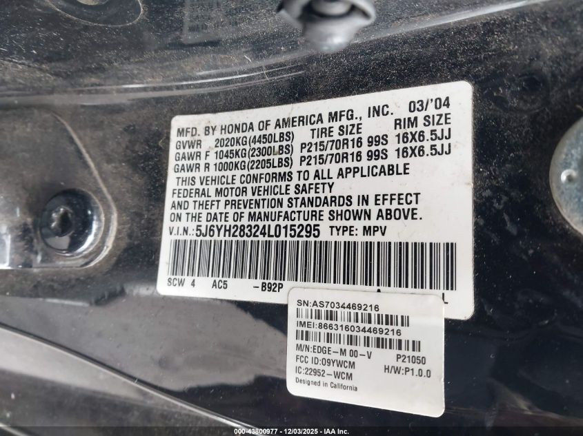 2004 Honda Element Lx VIN: 5J6YH28324L015295 Lot: 43800977