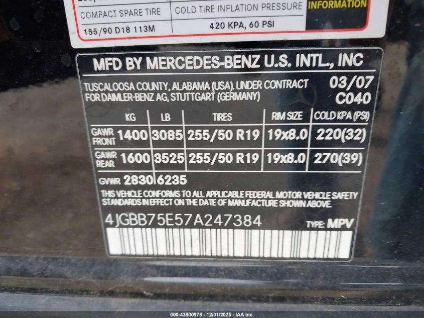 2007 Mercedes-Benz Ml 500 4Matic VIN: 4JGBB75E57A247384 Lot: 43800978