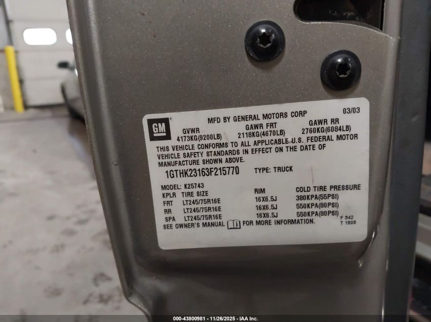 2003 GMC Sierra 2500Hd Sle VIN: 1GTHK23163F215770 Lot: 43800981