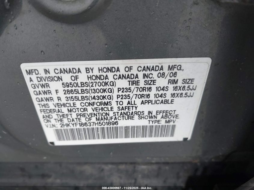 2007 Honda Pilot Ex-L VIN: 2HKYF18637H501896 Lot: 43800987