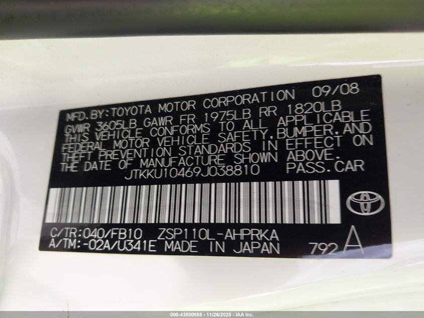 2009 Scion Xd VIN: JTKKU10469J038810 Lot: 43800988