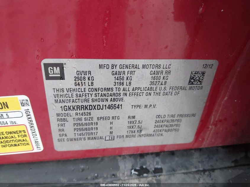 2013 GMC Acadia Slt-1 VIN: 1GKKRRKDXDJ146641 Lot: 43800992