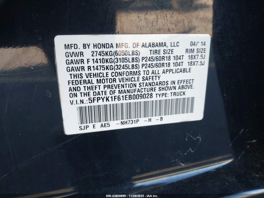 2014 Honda Ridgeline Se VIN: 5FPYK1F61EB009028 Lot: 43800999
