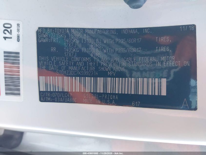 2019 Toyota Sienna Xle 8 Passenger VIN: 5TDYZ3DC7KS992314 Lot: 43801000