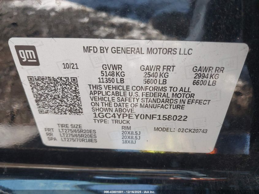 2022 Chevrolet Silverado 2500Hd 4Wd Standard Bed Ltz VIN: 1GC4YPEY0NF158022 Lot: 43801001