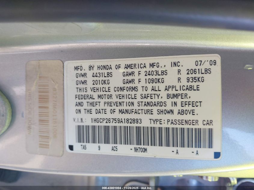 2009 Honda Accord 2.4 Ex VIN: 1HGCP26759A182893 Lot: 43801004