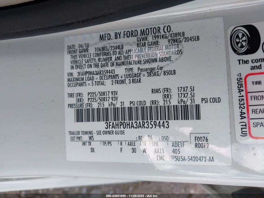 2010 Ford Fusion Se VIN: 3FAHP0HA3AR359443 Lot: 43801009