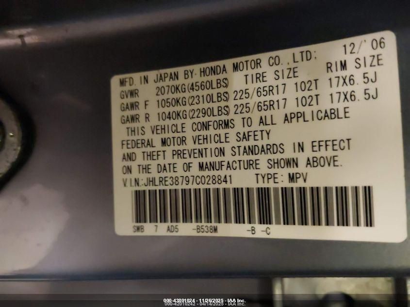 2007 Honda Cr-V Ex-L VIN: JHLRE38797C028841 Lot: 43801024