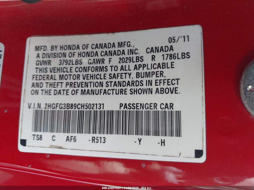 2012 Honda Civic Ex VIN: 2HGFG3B89CH502131 Lot: 43801037