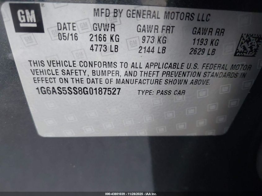 2016 Cadillac Cts Performance Collection VIN: 1G6AS5SS8G0187527 Lot: 43801039